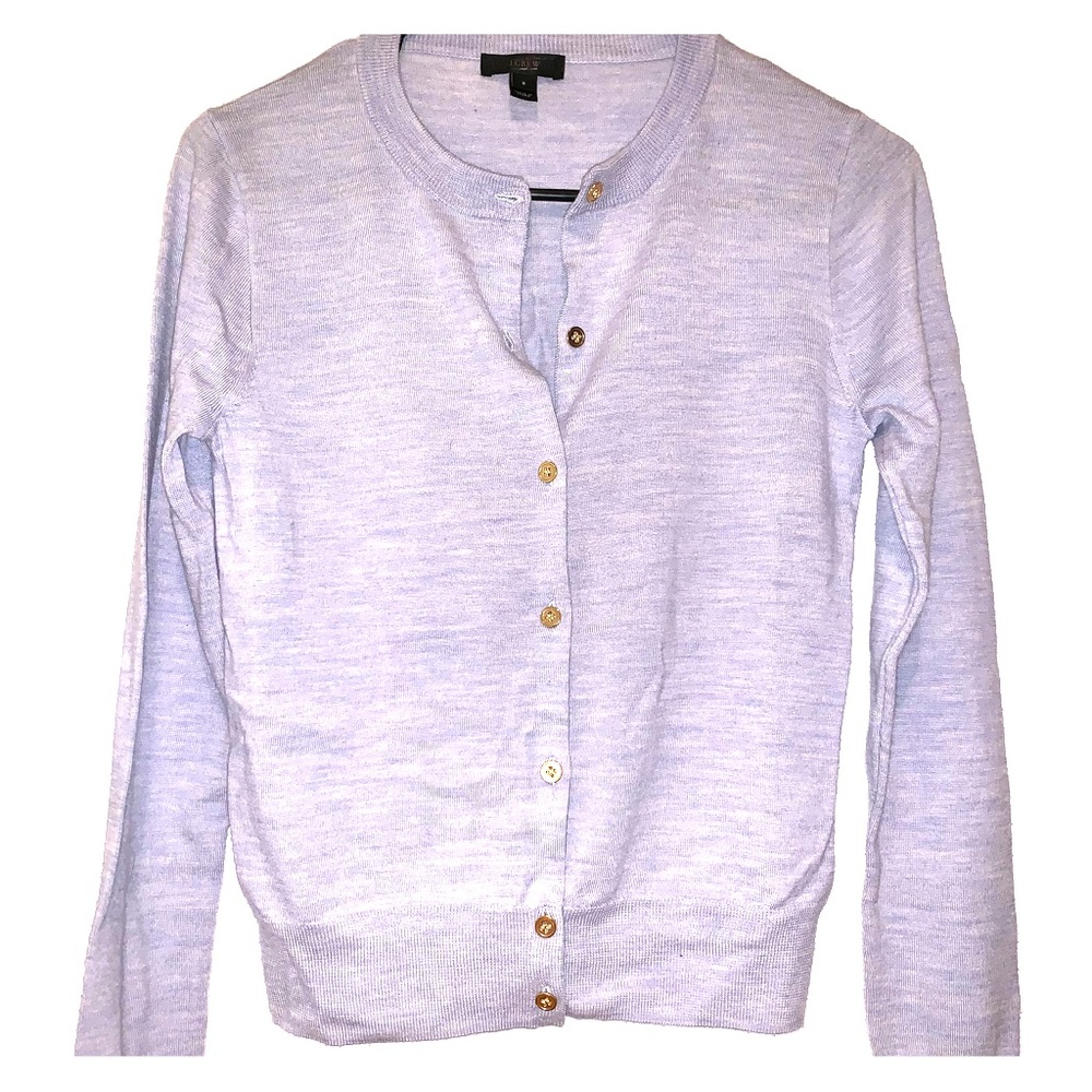 Light blue J Crew cardigan with gold buttons
